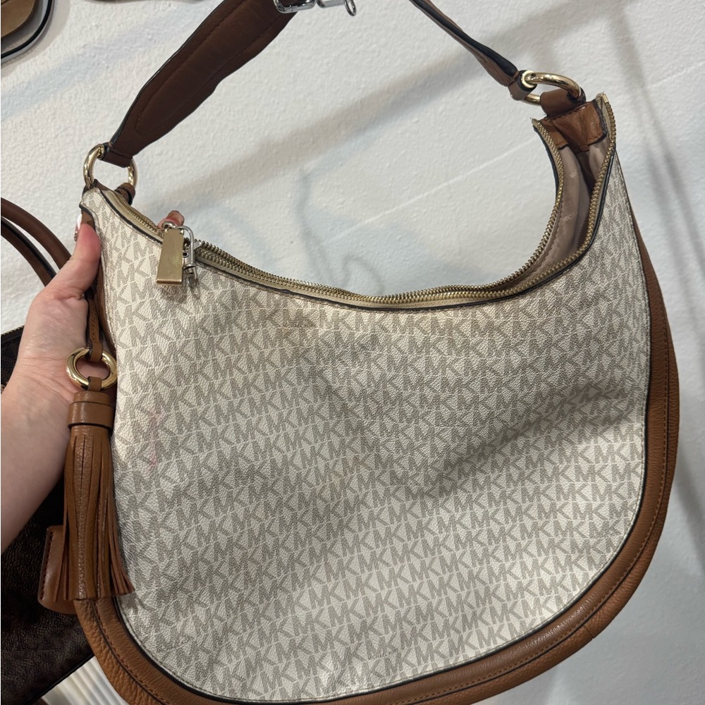 Michael Kors Brown and Cream Hobo Bag with Monogram Print